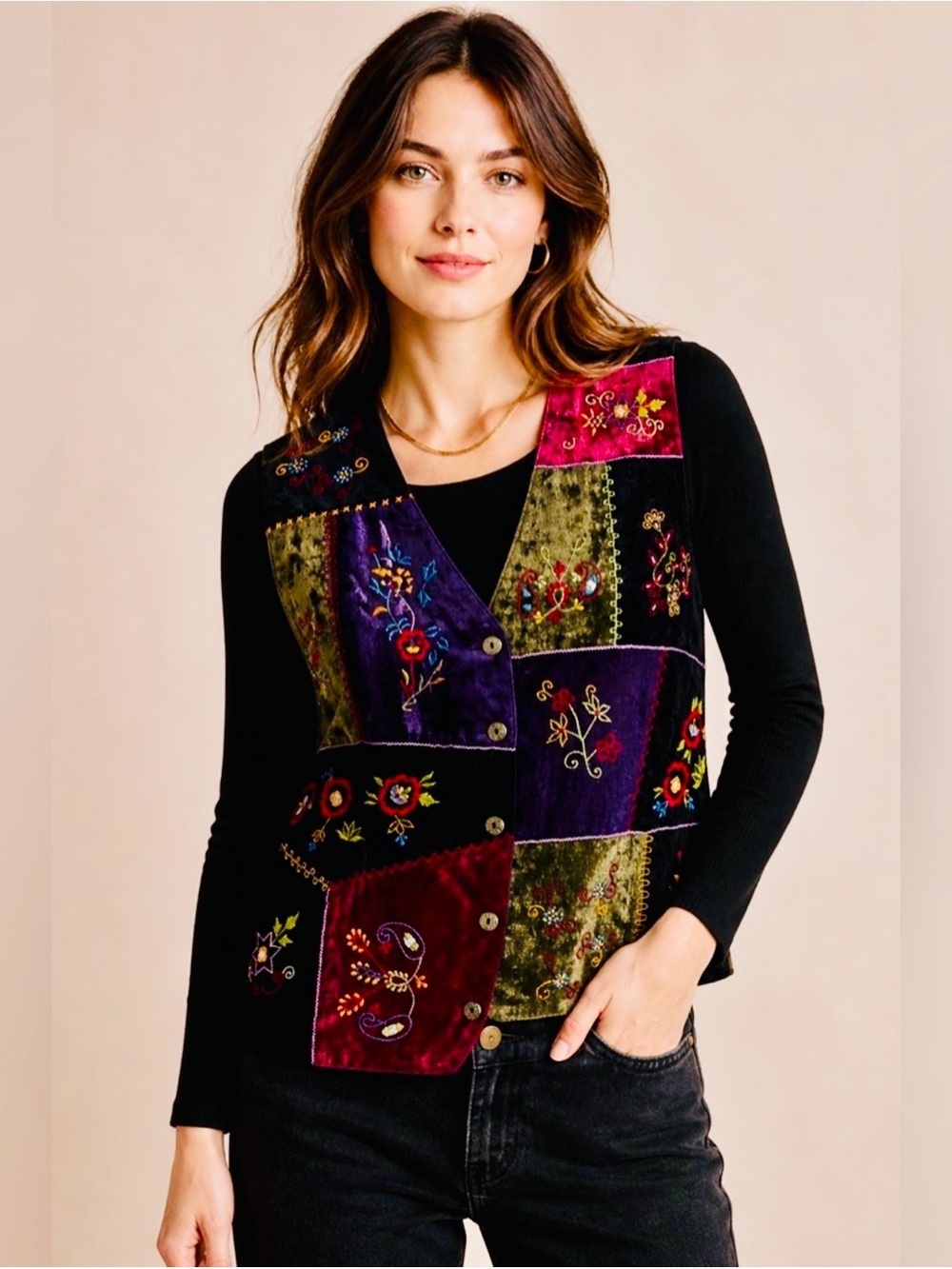 Vintage White Stag Multicolor Velvet Patchwork Embroidered Vest M (8-10)